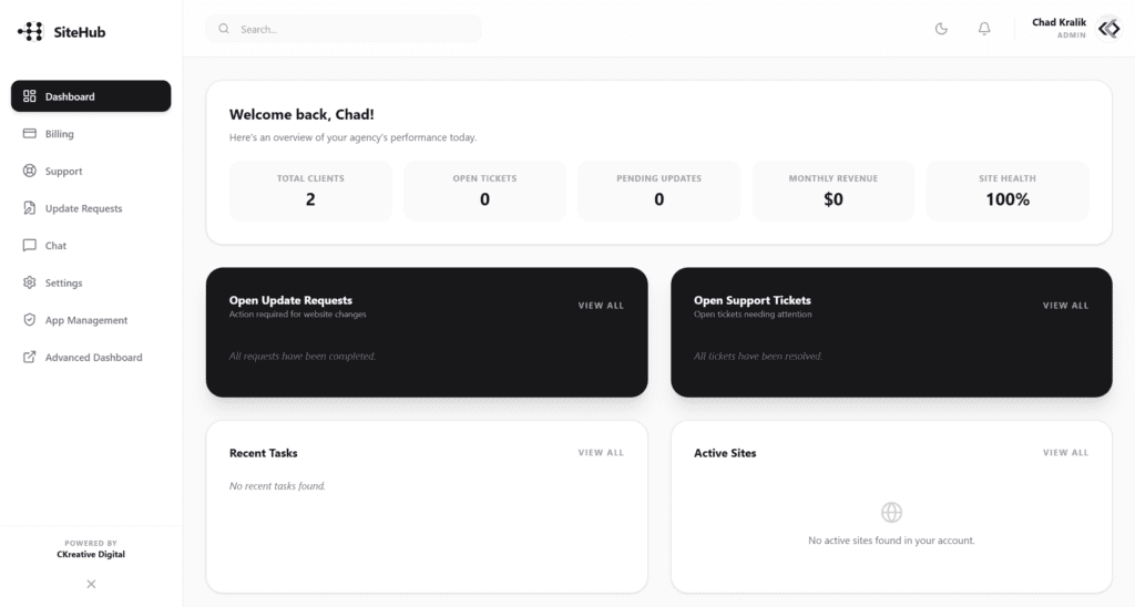 SiteHub client portal app Dashboard by CKreative Digital