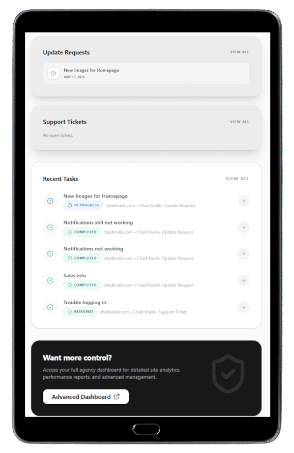 SiteHub™ dashboard shown on tablet in portrait mode