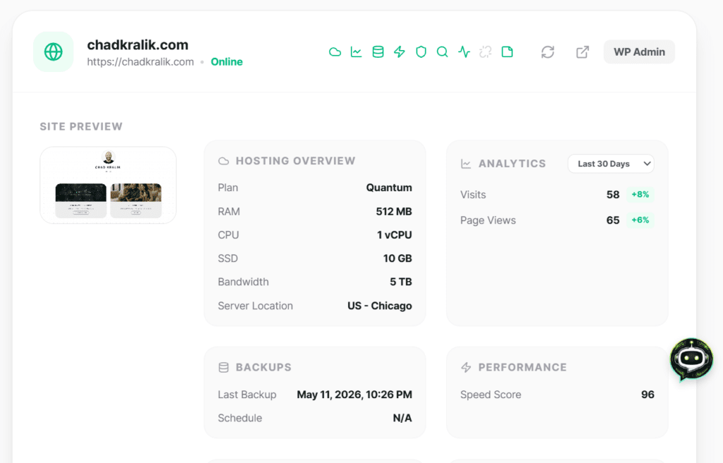 Website overview panel in SiteHub, showing detailed site information